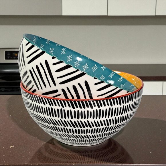 Set of 2 OVER AND BACK Colorful Geometric Design 6" Cereal Soup Bowls - Picture 3 of 12